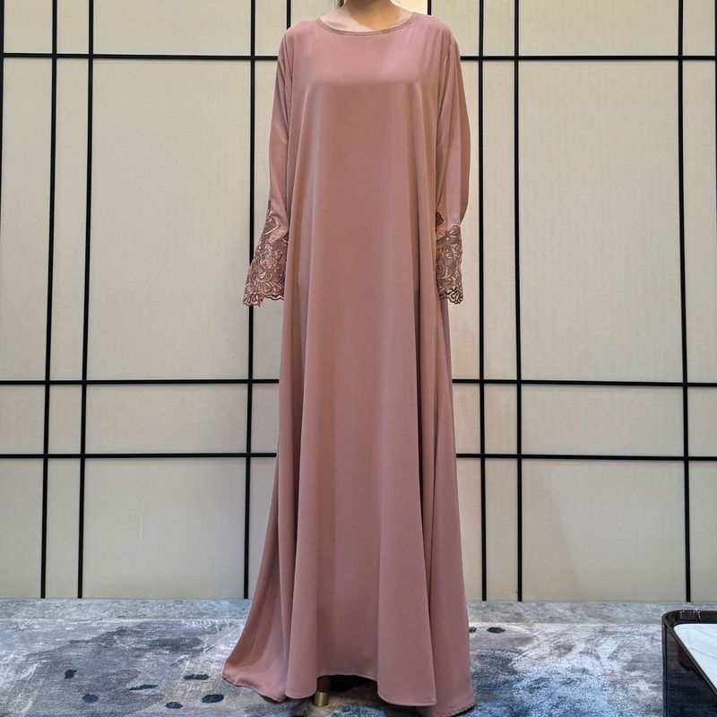 Damkläder Mellanöstern 2-delad dubbelärmad broderad morgonrock enfärgad klänning Damkläder W 066 Spets muslimsk_voghion.com