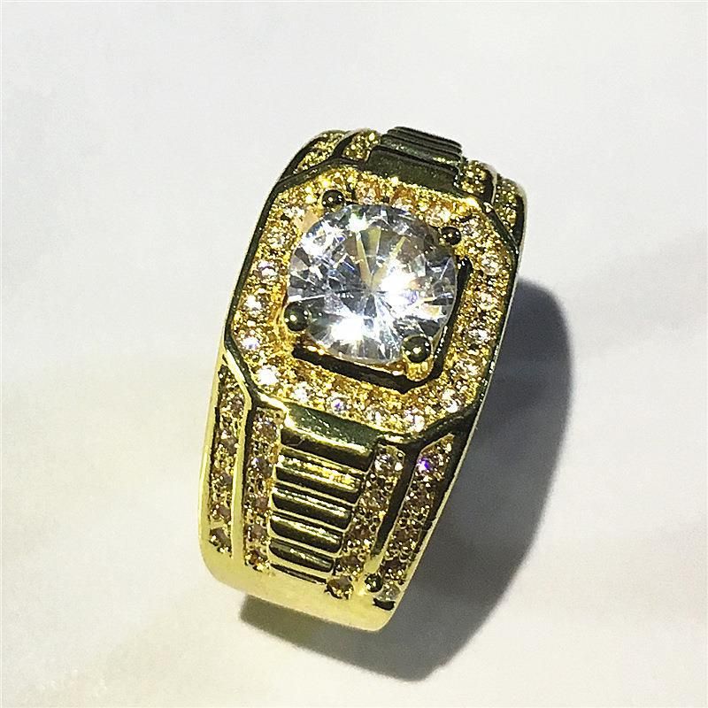 Vergulde, dominante, volle diamanten ring, zakelijke herenring, kleurbehoudende verlovingsring met dubbele rij diamanten_voghion.com