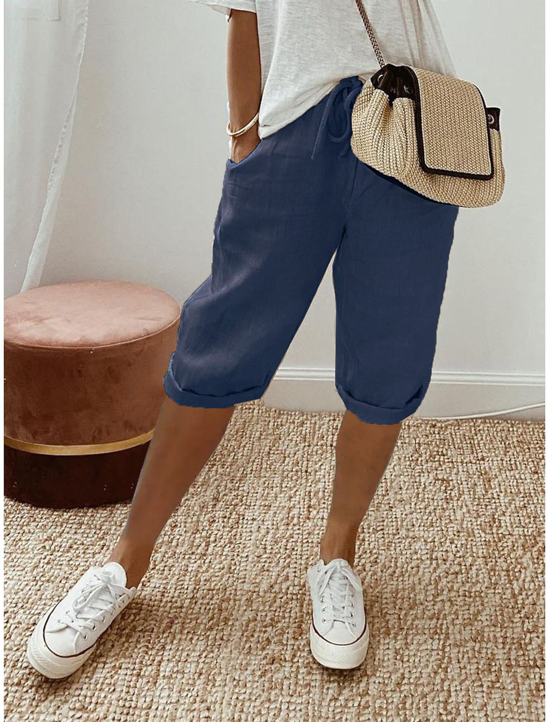 Women's Cotton And Linen Pocket Elastic Casual Pants Women's Pants Shorts_voghion.com