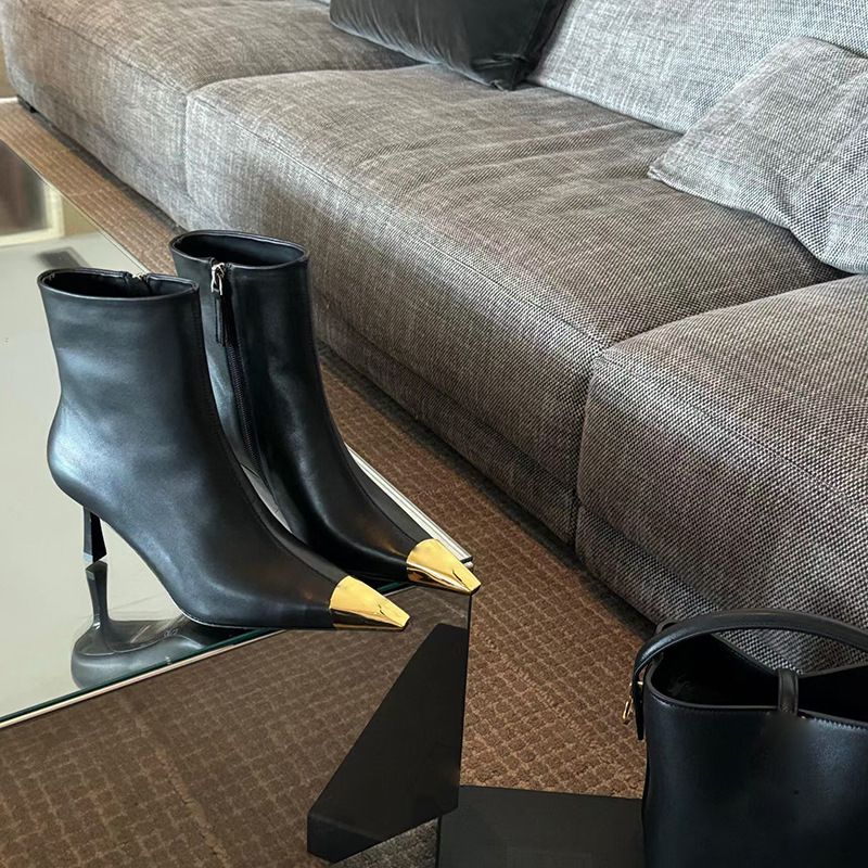 Metall Kleiner Quadratischer Kopf Dünner Absatz Hoher Absatz Kurze Schuhe Vielseitig Modisch Bequem Seitlicher Reißverschluss Kurze Stiefel Damen_voghion.com