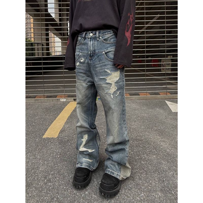 Herrkläder Amerikanska dekonstruerade sömmar Dubbla midja förstörda jeans för män Raka slanka utsvängda Cleanfit-byxor_voghion.com