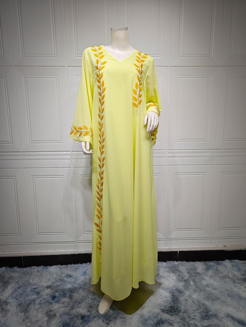 Damenmode Street Chiffon langes muslimisches besticktes rosafarbenes Rundhalskleid mit Hijab_voghion.com