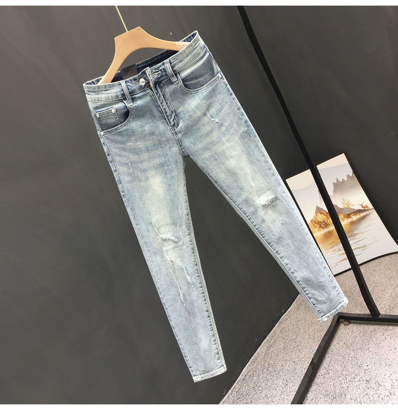 Herrkläder Sommar Kraftig Tvättning Retro Slitna Rivna Jeans Herr Trendiga Märkes Snygga Skrapade Slim Fit Skinny Niopunktsbyxor_voghion.com