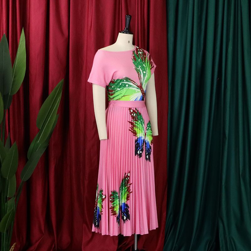 D298 Cross-border Women's Amazon Printed Top Pleated Large Skirt Skirt Set Large Size African Two-piece Set_voghion.com