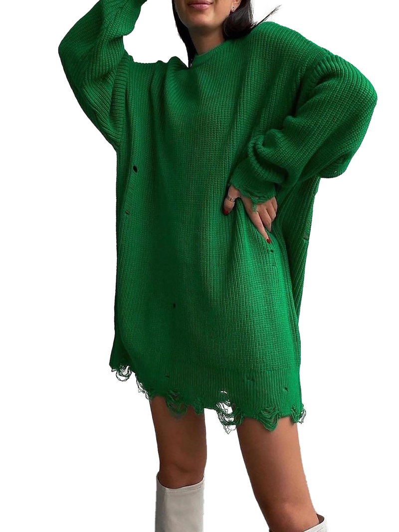 Pull tricoté à manches longues et col rond pour femme, ample et déchiré, mi-long, nouvelle collection_voghion.com