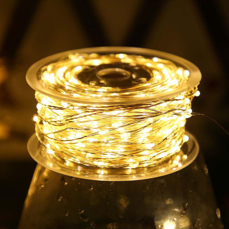 Cadena de luces para árbol de Navidad, alambre verde negro, alambre de cobre, cuerda de luces de alambre de cobre, llena de estrellas, plantas verdes, decoración navideña de ratán_voghion.com