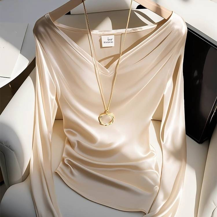 Damenbekleidung Champagner Farbe Top Temperament Langarm V-Ausschnitt T-Shirt Weiblich Sommer_voghion.com