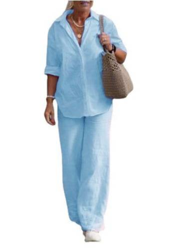 Ensemble deux pièces en coton et lin pour femme, chemise à manches longues et revers, pantalon décontracté uni pour le printemps et l'automne, tailleur à jambes larges_voghion.com