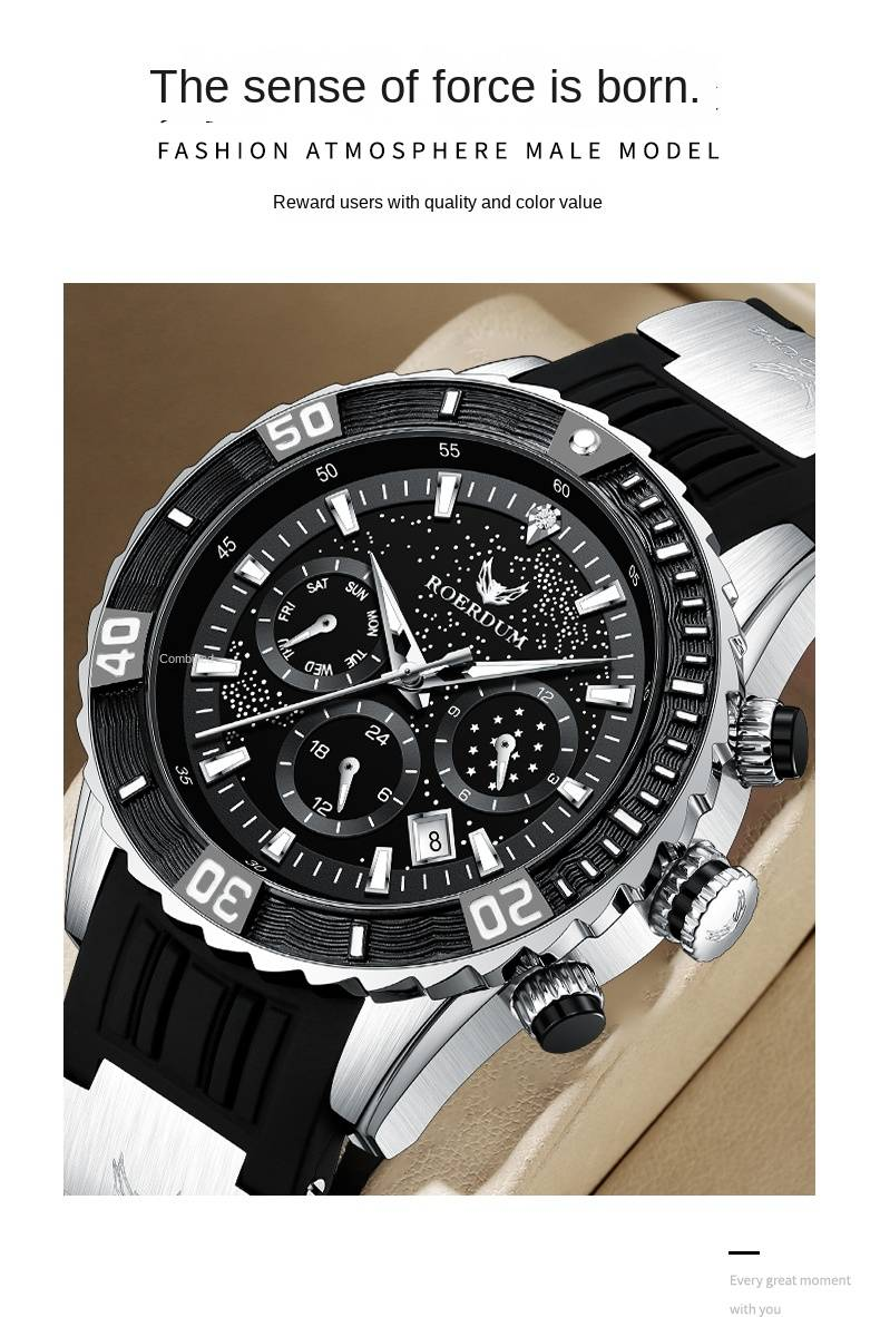 ROERDUM Voyager Series-Orologio subacqueo RA8006 Orologio meccanico a carica funzionale con quadrante nero e cinturino in silicone Orologio da uomo_voghion.com