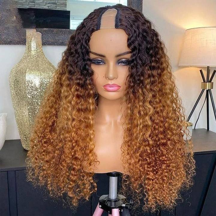 Peluca de cabello humano color ombré n.° 4/30, hecha a máquina, con raya en U, rizada y rizada, densidad del 210 %, 25-66 cm_voghion.com