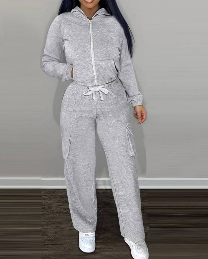 Women's Clothing Casual Hooded Sweatshirt & Drawstring Jogger Pants Set - Soft Fleece Loungewear, Comfortable Two-Piece Outfit For Fall/Winter_voghion.com