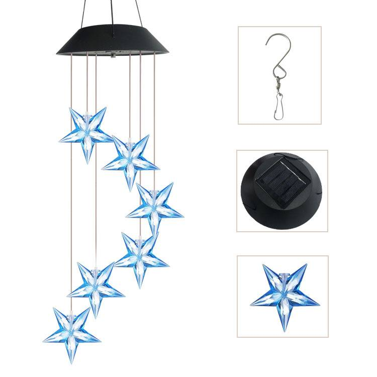 Solar-Powered Blue Star Wind Chime Light - Waterproof Outdoor Garden Decor With Color Changing LED For Patio, Yard, And Park_voghion.com