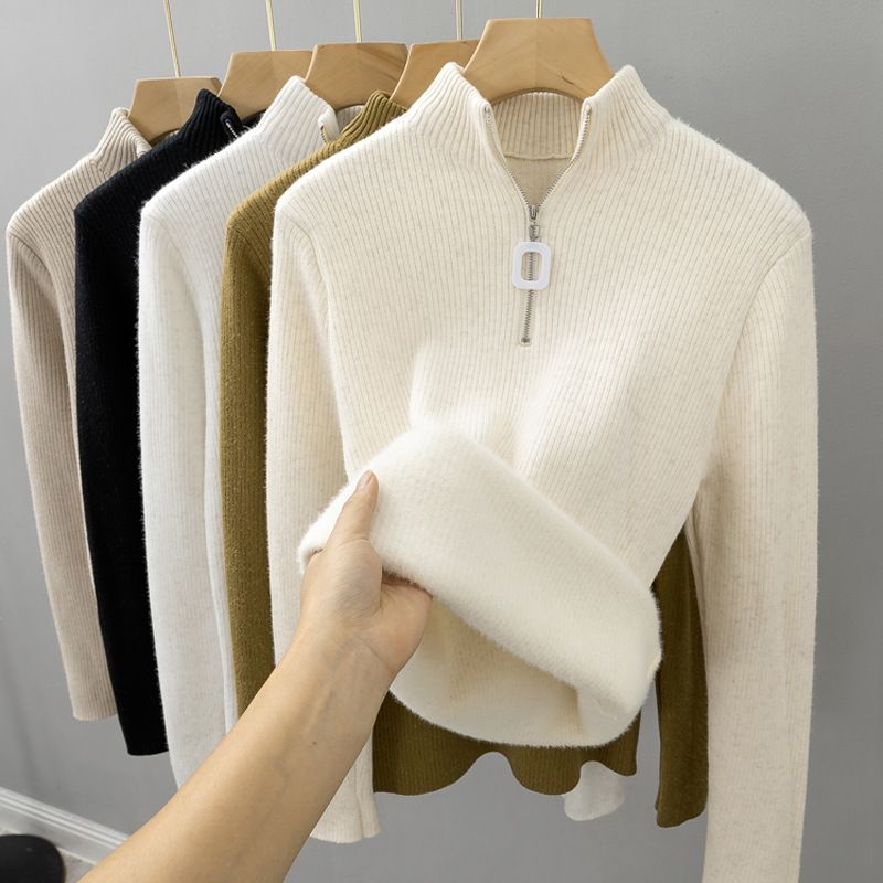 Damski sweter z grubej dzianiny z podszewką z polaru, zapinany na zamek do połowy – miękki półgolf na zimę i jesień (biały, czarny, beżowy, khaki, uniwersalny)_voghion.com