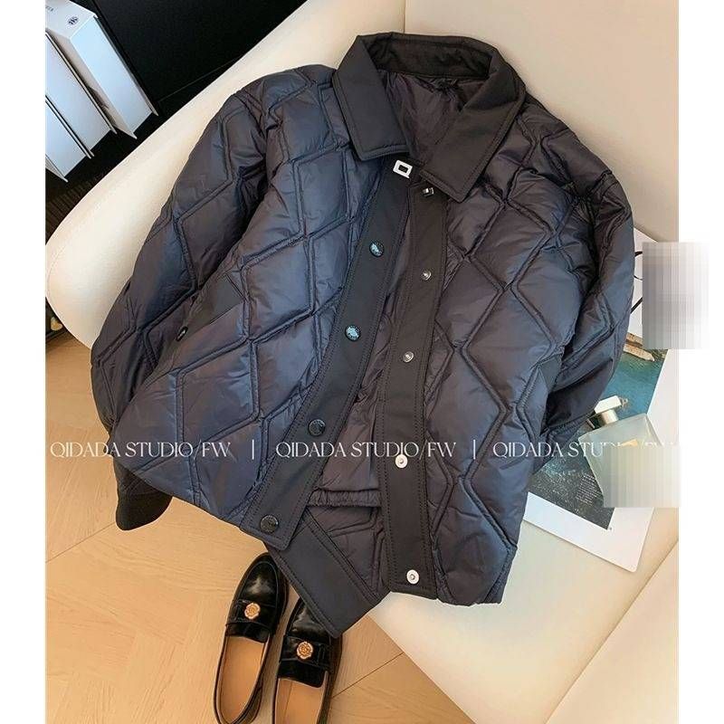 Women's Short Quilted Jacket With Polo Collar & Diamond Stitch Design, Slim Fit Lightweight Polyester Cotton Blend Coat For Petite To Plus Size_voghion.com