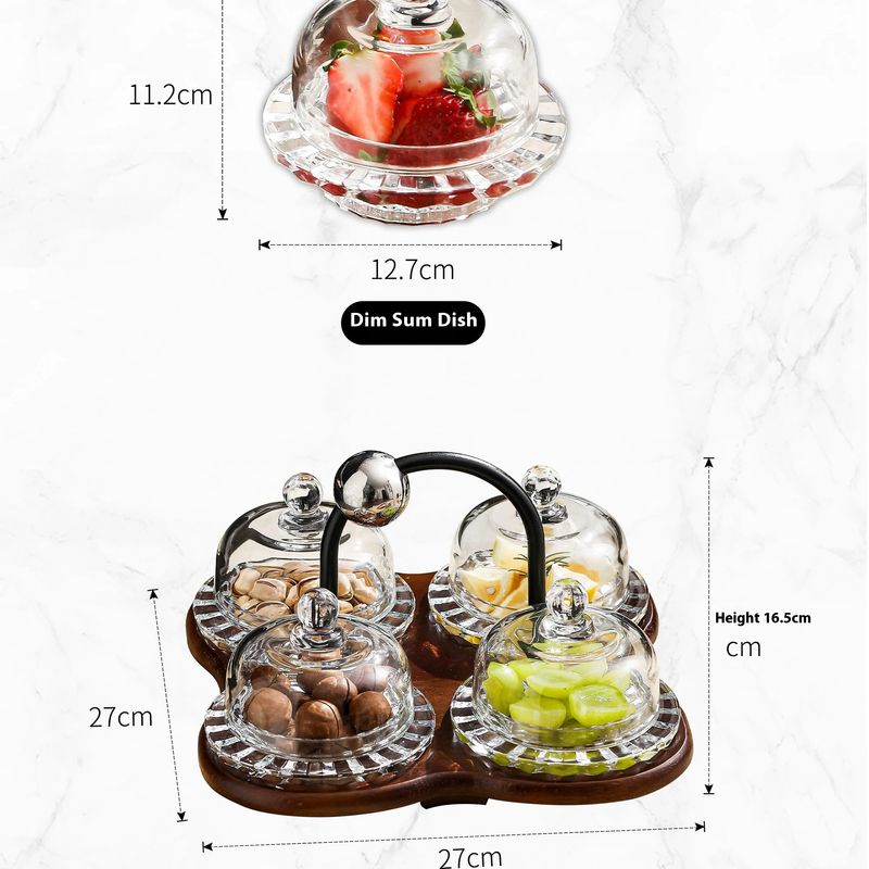 Snacktablett-Set aus Walnussholz und Glas – Elegante Servierplatte mit 4/6 Fächern für Obst, Nüsse und Desserts (weißes Glas + natürliches Holz-Finish)_voghion.com