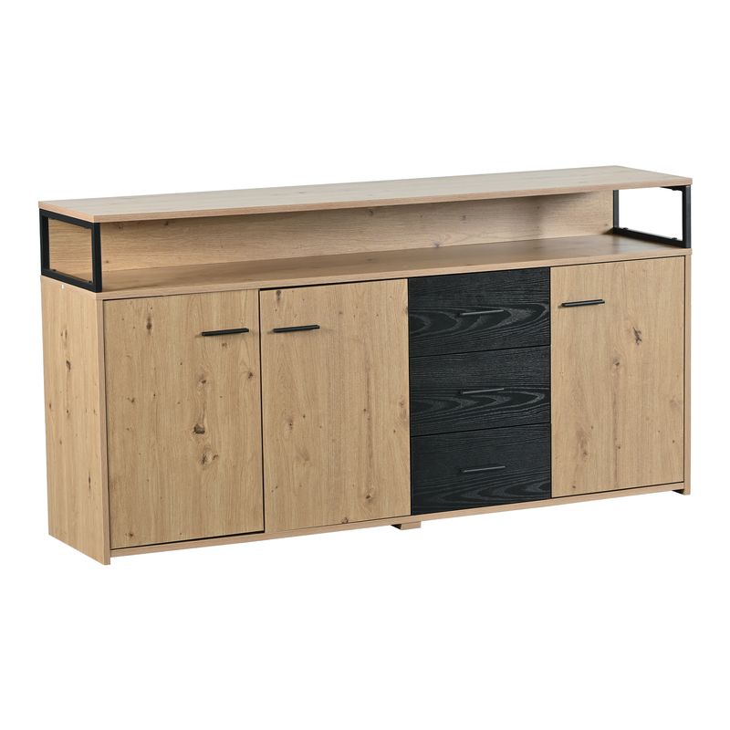 Buffet industriel trois portes et trois tiroirs, meuble de rangement multifonctionnel avec poignées en métal, armoire de cuisine, meuble de rangement pour chambre, salon et bureau, 150 x 35 x 75,9 cm_voghion.com
