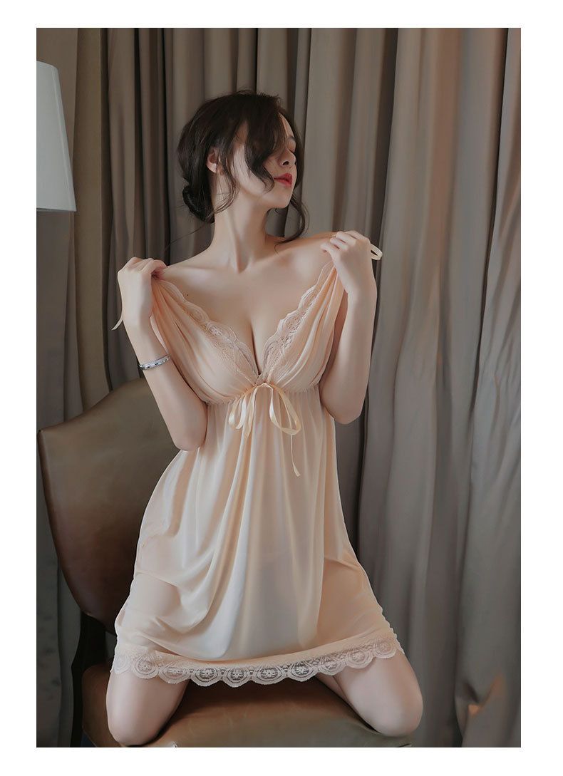 Lingerie lunga da notte da donna taglie forti sexy pigiama profondo trasparente maglia camicia da notte 1090_voghion.com