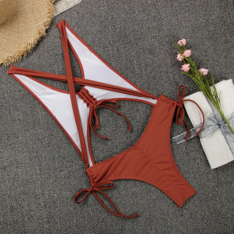 2020 nouvelle couleur unie Sexy dos ouvert sangle une pièce maillot de bain pour les femmes 20005_voghion.com