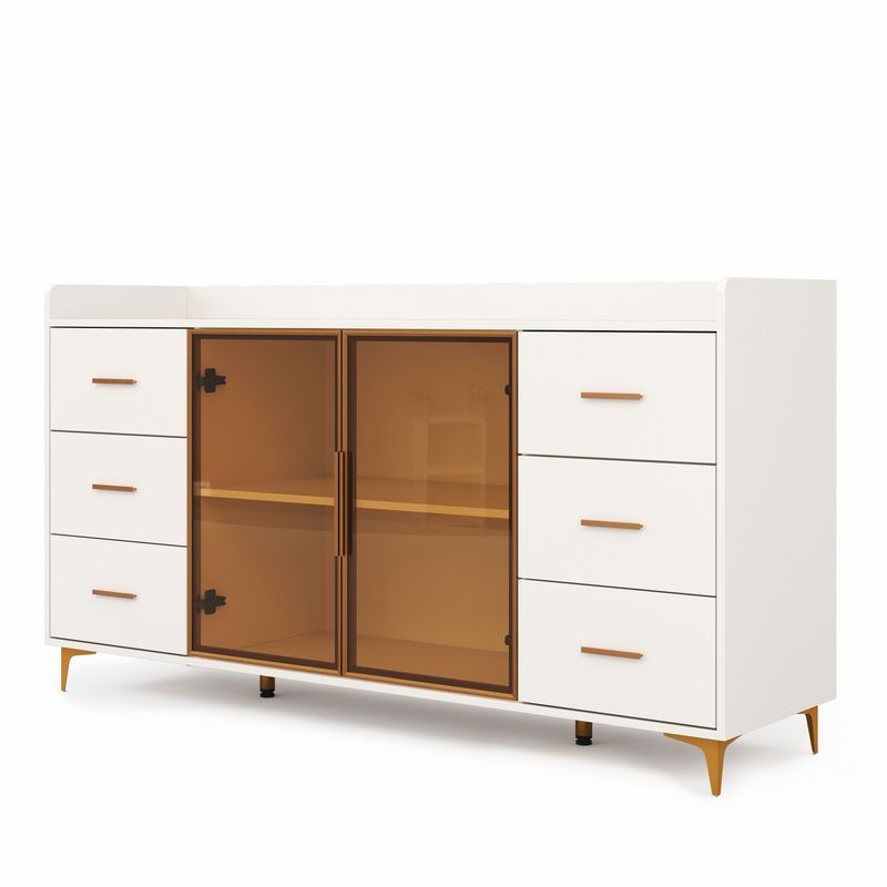 Küchenschrank Weiß 160x87cm, 6 Schubladen, Glastüren, LED-Beleuchtung, Goldgriffe_voghion.com