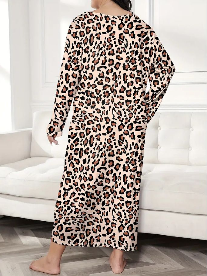 Damenbekleidung Langärmliges Nachthemdkleid mit Schmetterlings- und Herz-Leopardenmuster, überschnittener Schulter, großer Größe_voghion.com