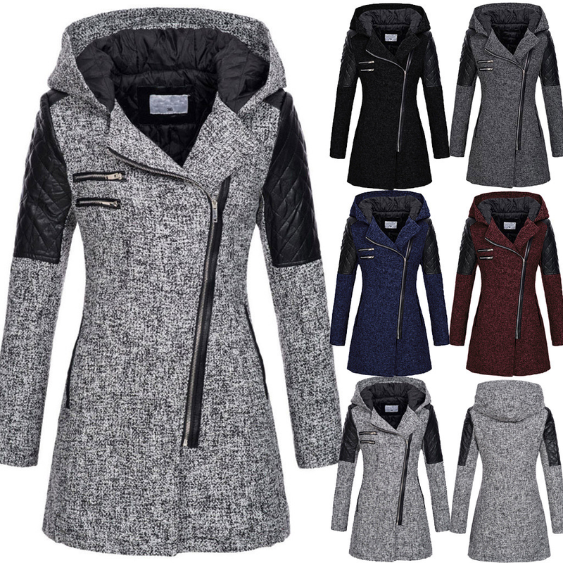 Abbigliamento donna nuovi modelli autunnali e invernali. Giacca antivento in lana con cappuccio e cerniera diagonale di alta qualità_voghion.com