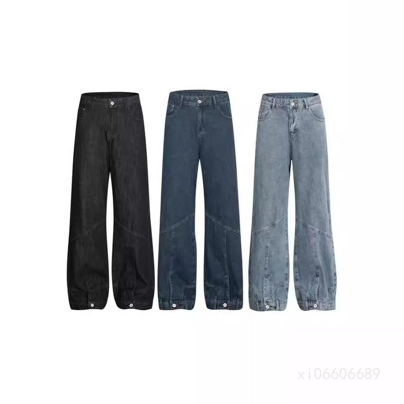 American High Street Vintage Trendy Wide-Leg Lazy Design Niche Reverse-Worn Jeans With Buttoned Hem Straight-Leg_voghion.com
