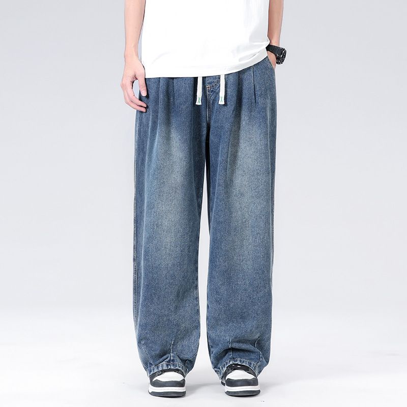 Spring Summer New Straight Wide-Leg Jeans Loose Trendy Drawstring Versatile Simple Casual Long Pants For Men_voghion.com