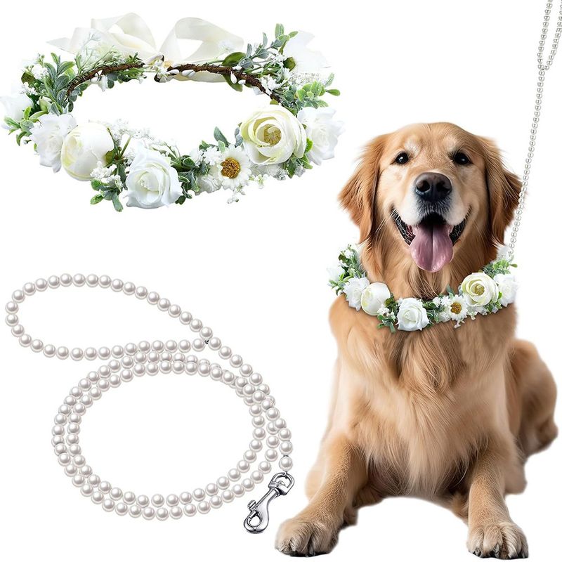 2025 New Pet Simulation Flower Collar Dog Necklace With Pearl Leash Set For Wedding Photoshoot_voghion.com