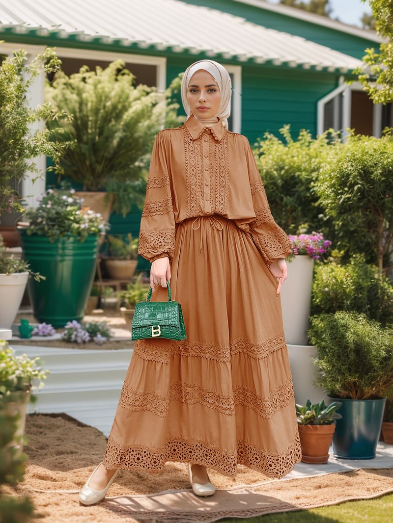 Women's Clothing Middle Eastern Lace Applique Shirt + Loose Skirt Long Skirt Two Piece Suit_voghion.com
