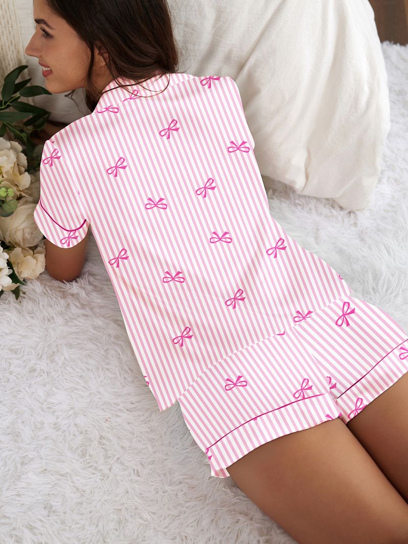 Womens Pamas Ladies Pajamas Set Bow Print Short Sleeve Shorts_voghion.com