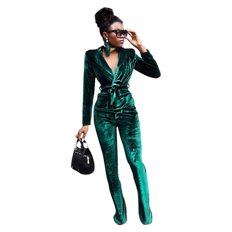 New Women's Solid Color Slim Fit Korean Velvet Blazer Flared Pants Set_voghion.com