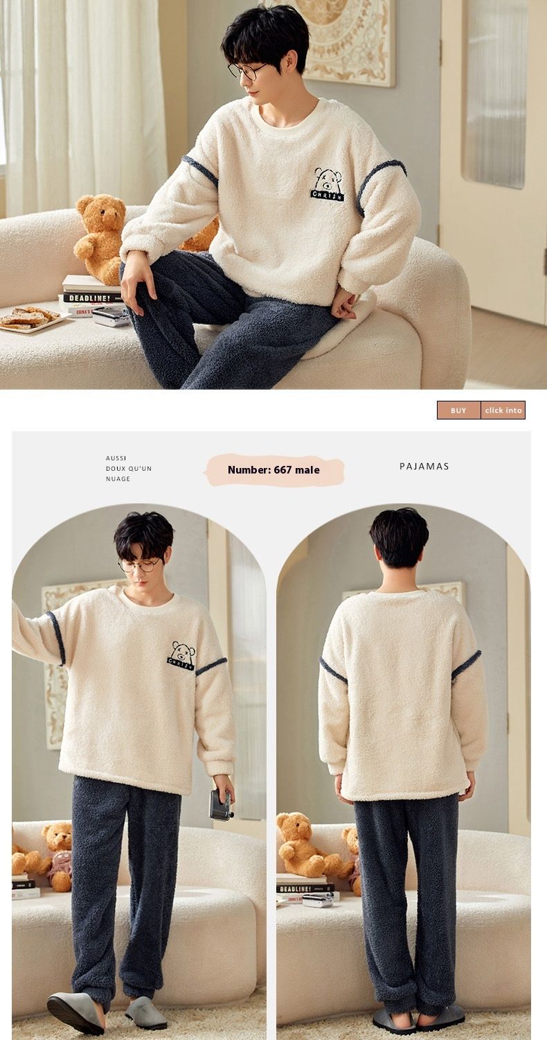 Korallenrote Nachtwäsche Winter 2023, neues langärmeliges, dickes Flanell-Heimanzug-Set für Herren_voghion.com