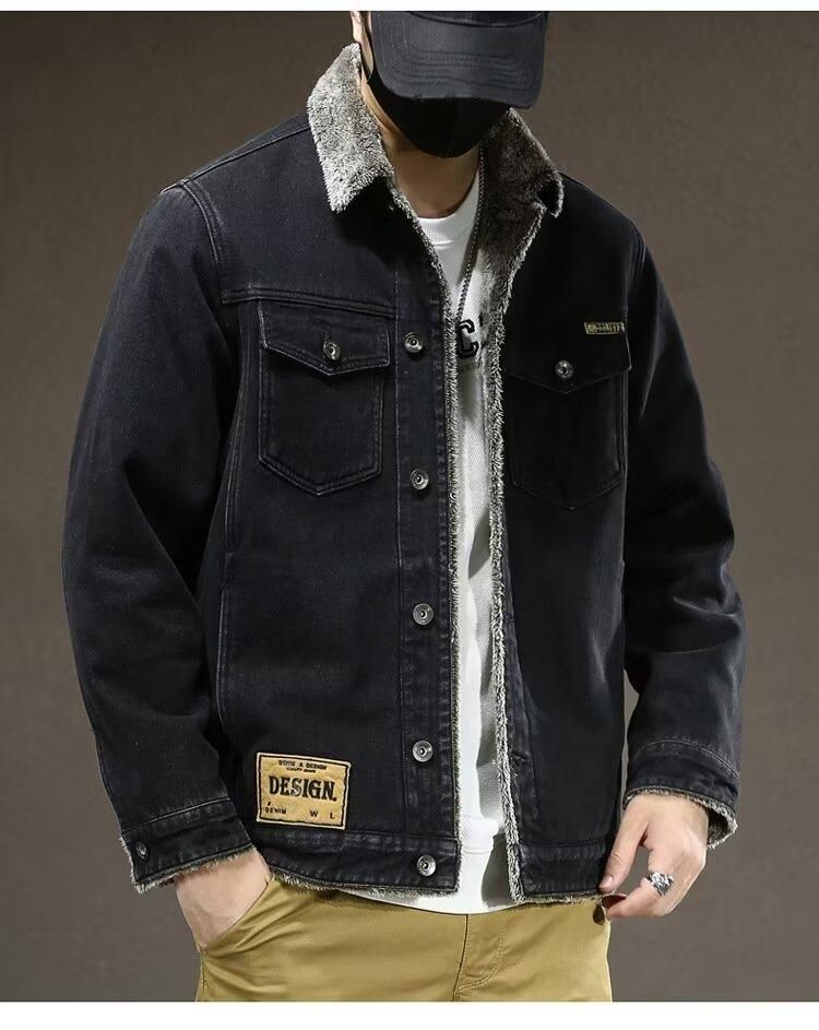 Giacca in denim foderata in pile invernale vintage da uomo, cappotto da lavoro oversize con calore ispessito, cappotto casual ampio alla moda (nero)_voghion.com