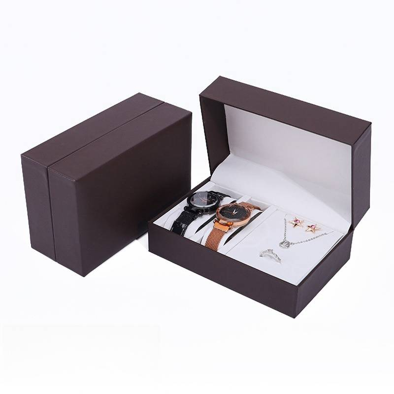 Clamshell PU Watch Lovers Watch Colar Anel Brincos Conjunto Longo Caixa de Relógio de Jóias_voghion.com