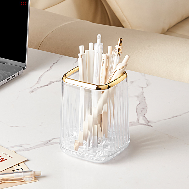 Pot à crayons en plastique transparent, boîte de rangement pour papeterie, rouge à lèvres, pinceaux de maquillage, boîte de rangement pour bureau_voghion.com