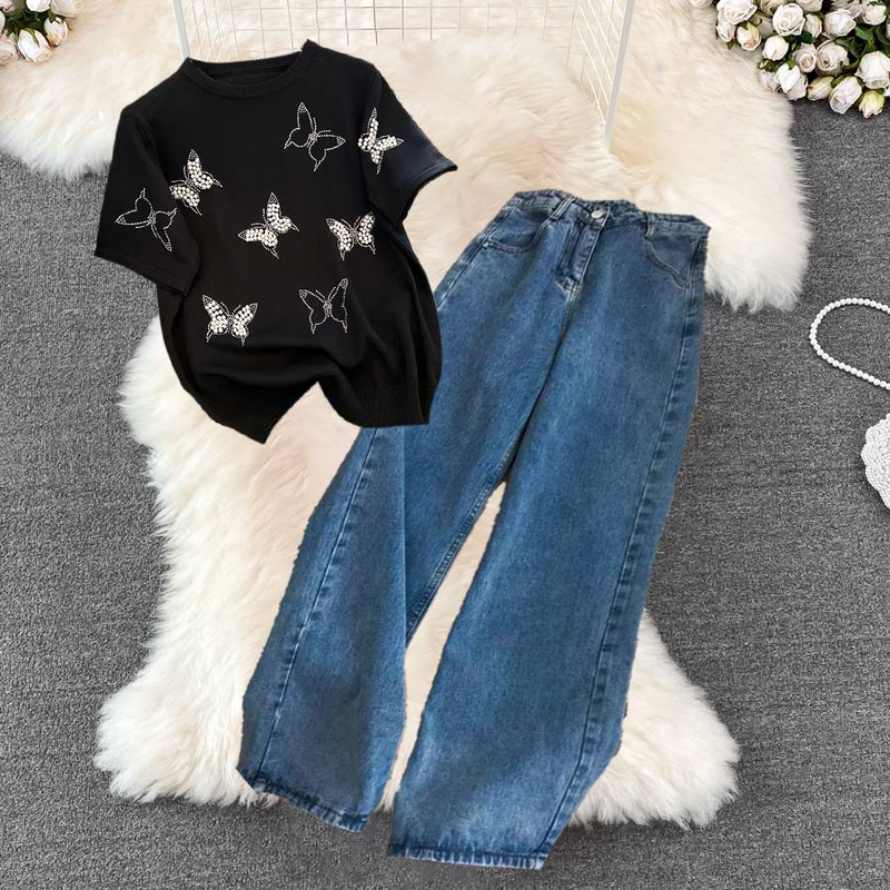 Women's Nail Bead Butterfly Knitted T-shirt High Waist Wide Leg Pants Cowboy Two Piece Set_voghion.com