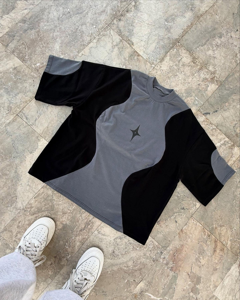Camiseta masculina estilo ins com costura geométrica e listras, camiseta solta estilo hip hop de rua para casais_voghion.com