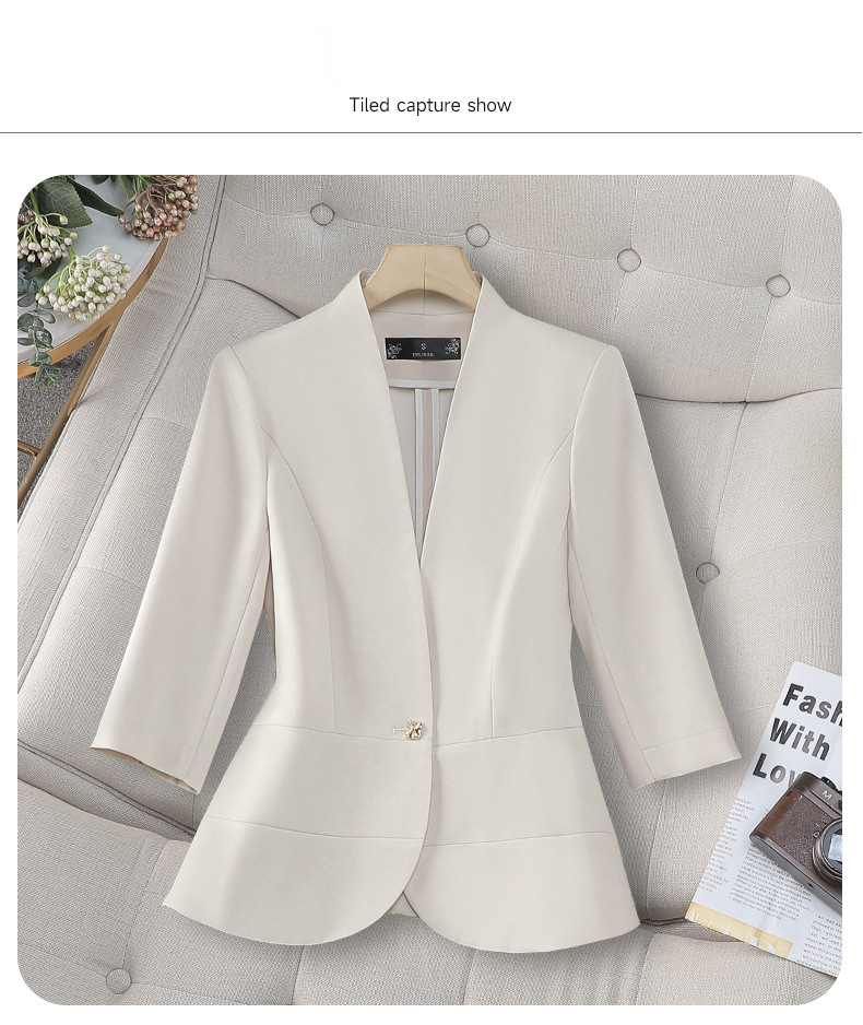Blazer slim fit da donna, a maniche corte, elegante, da ufficio, con revers a bottone singolo, elasticizzato (rosa/beige/nero)_voghion.com