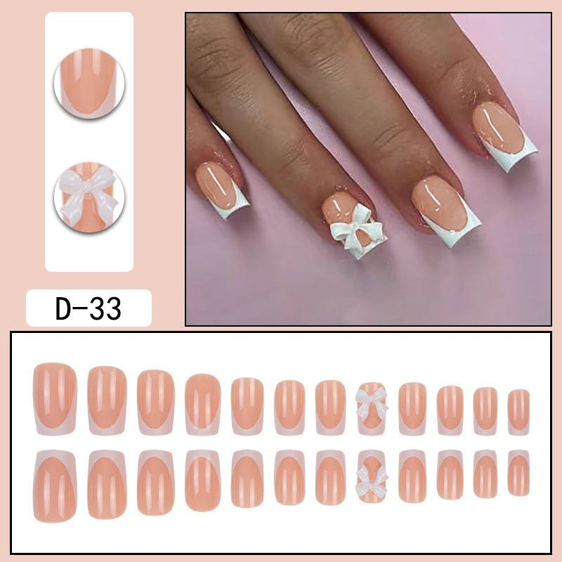 Eleganti unghie francesi quadrate con fiocco - Unghie finte a pressione, riutilizzabili e facili da applicare - Opzioni con colla e adesivo in gel - Stile dolce e femminile_voghion.com