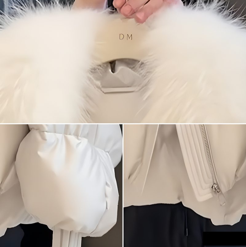 Witte gewatteerde jas voor dames met tailleband - warme winterjas met imitatiebont_voghion.com