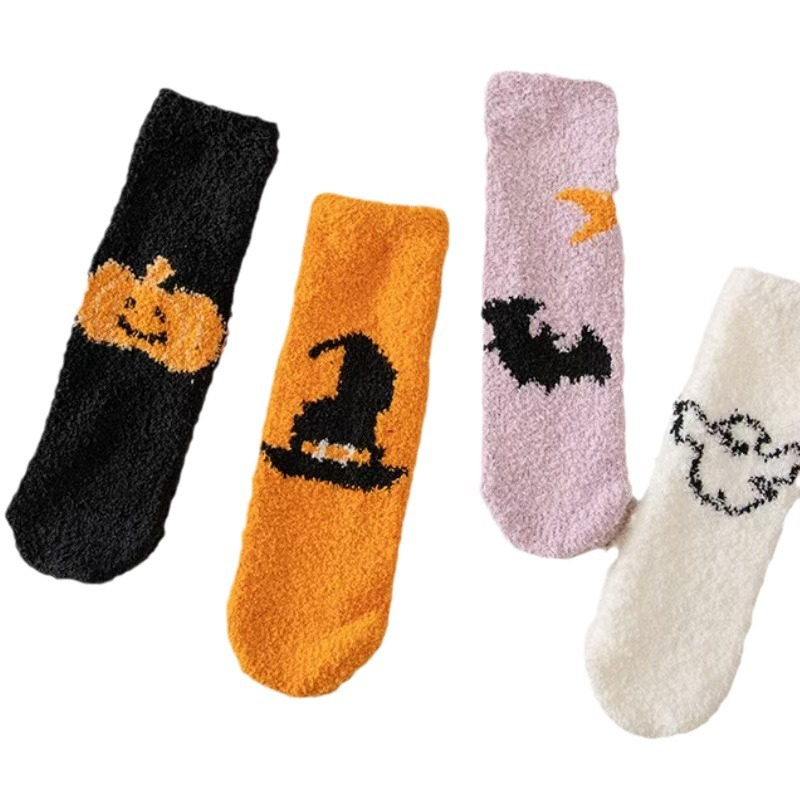 Calzini in pile corallo alla moda da donna della serie Halloween, stile autunnale e invernale, caldi e spessi, calzini da pavimento in pile per dormire_voghion.com