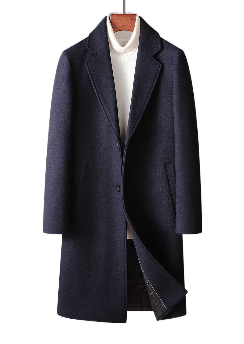 Men's Korean-Style Wool Blend Overcoat – Slim-Fit Winter Trench Coat With Notched Lapel (Black/Navy Blue)_voghion.com