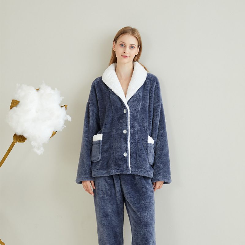 Damen-Pyjama-Set aus Korallenfleece in Übergröße, warm, langärmlig, Loungewear, Nachtwäsche mit weichem Plüsch für Zuhause und draußen_voghion.com