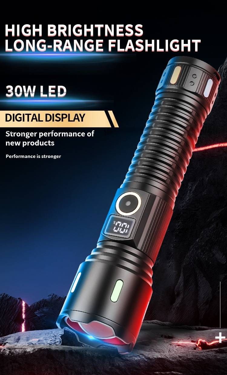 Dual-Head White Laser Flashlight, 500m+ Zoomable Beam, USB-C Rechargeable, Digital Display & Side Glow Bar For Tactical Outdoor Use_voghion.com