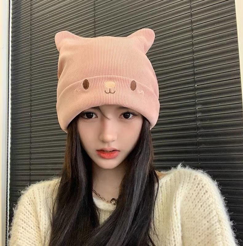 Cappello da donna con orecchie di gatto, lavorato a maglia coreano in lana per maternità, post-parto, caldo e carino_voghion.com