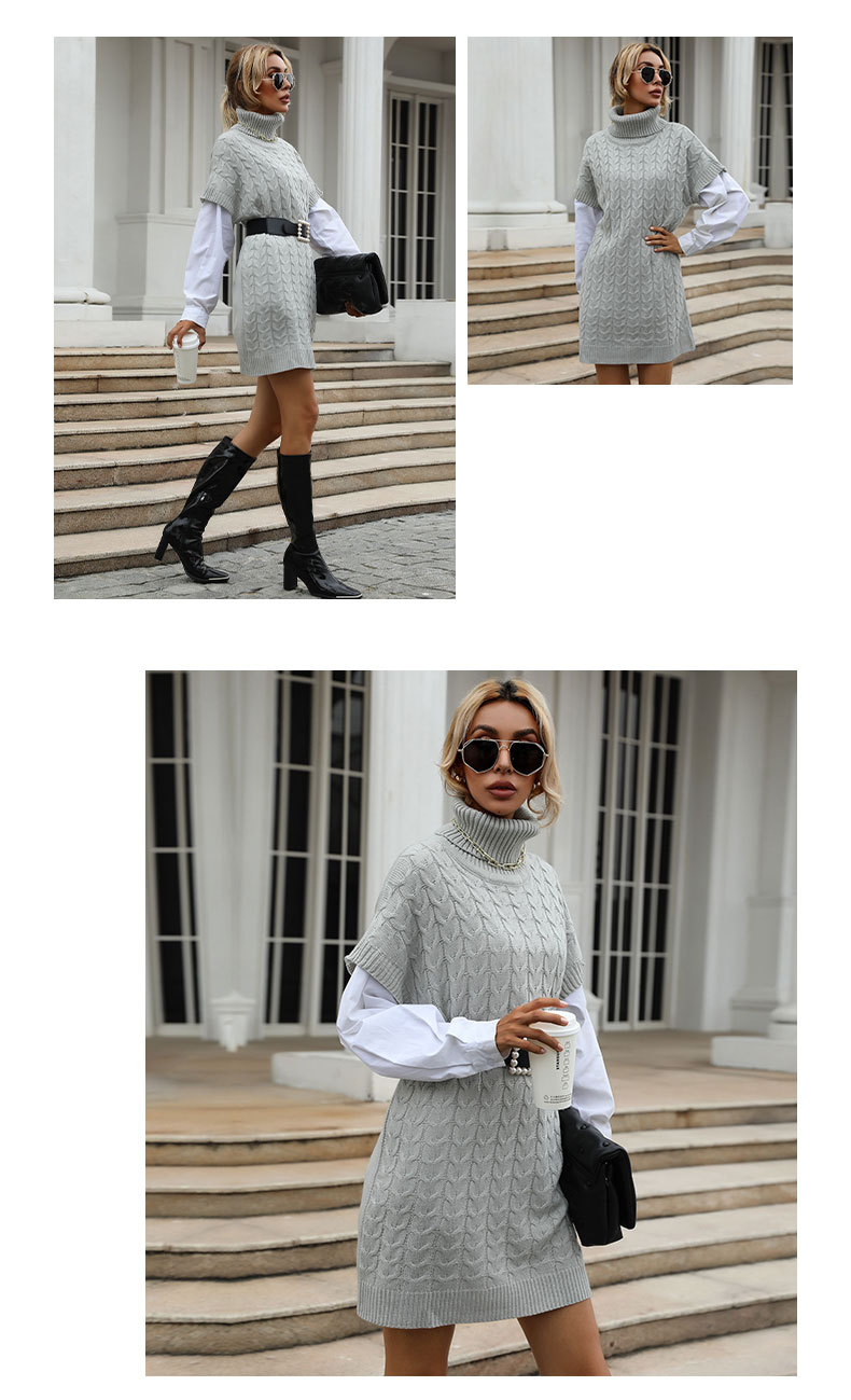 Solid Color Twisted Knitted Long Vest-type Turtleneck Sweater Dresses_voghion.com