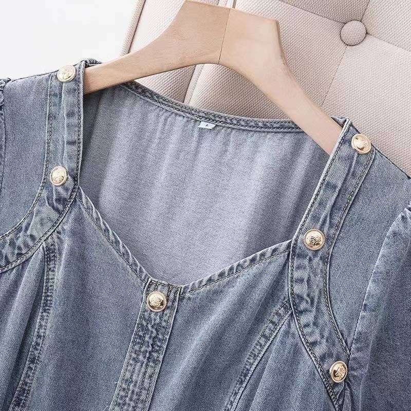 Vestido lavado, tamanho grande, largo, solto, emagrecedor, saia jeans de verão com corte fino, estilo Hong Kong, moderno_voghion.com