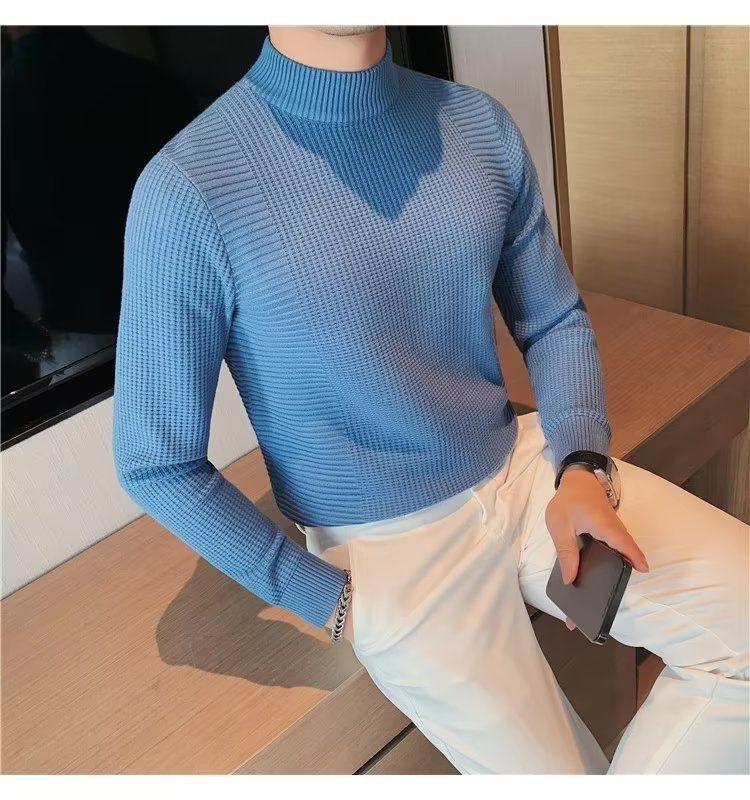 Herrenbekleidung Herren-Basispullover Frühling und Herbst neuer Slim Fit-Pullover mit mittlerem Halsausschnitt im koreanischen Stil mit halbhohem Kragen_voghion.com