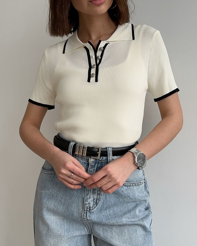 Maglione a maniche corte con risvolto, aderente e a contrasto di colore, da donna, New Thread_voghion.com