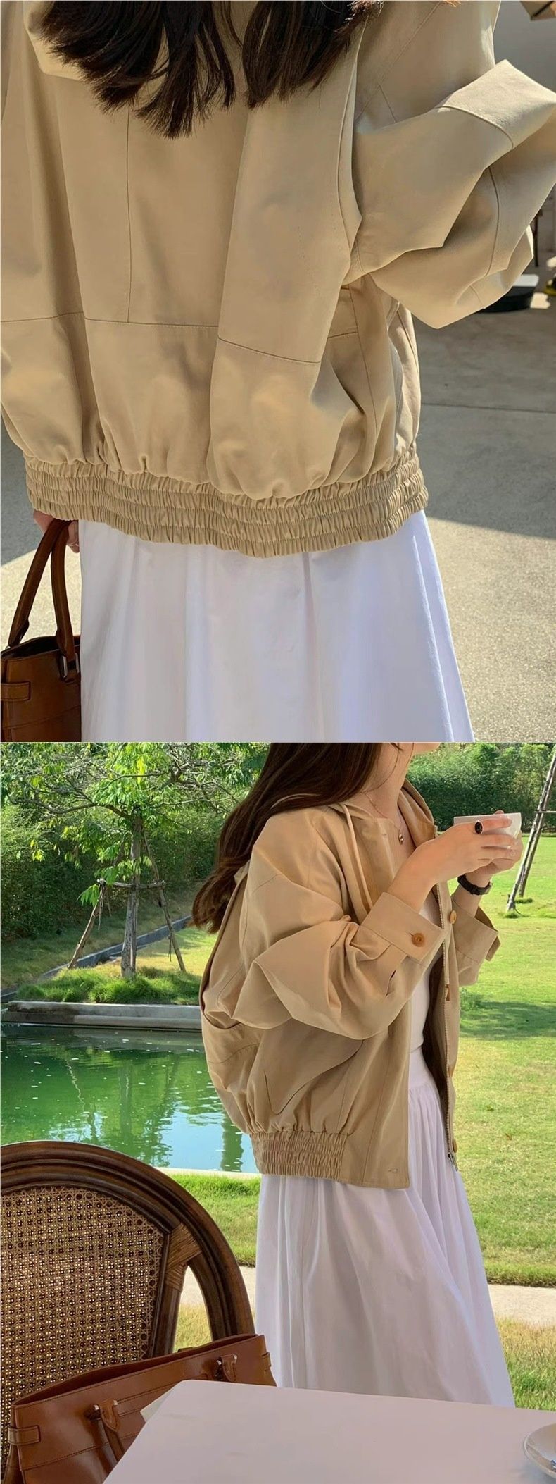 Ruhiger koreanischer Herbst-Trenchcoat im neuen Design: Einreihiger Arbeitsmantel mit Kapuze, Taschen und neuem Taschenmuster für Damen_voghion.com